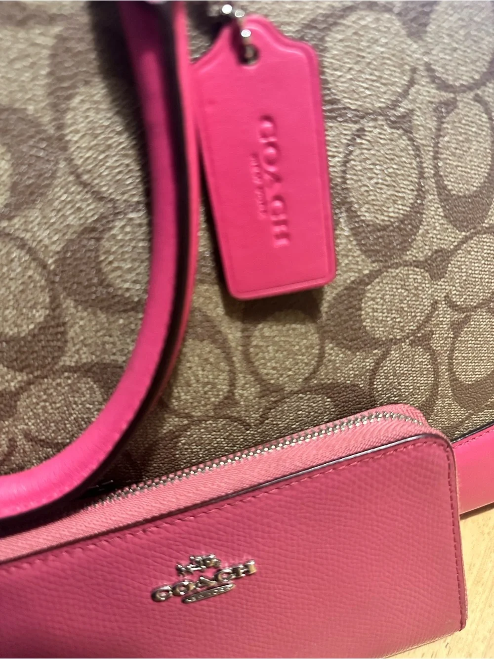 Coach Brown Signature Dome Satchel with Pink Trim and Matching Pink Wallet